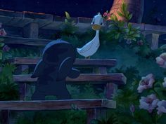 the duck and goose from disney's beauty and the beast is sitting on a bench