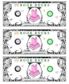 two stacks of money with the words book bucks written on each one and hearts around them