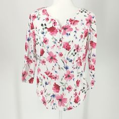 Brand New With Tags! Approximately..... 17 1/2 Pit", 22" Length- Pp 21" Pit And 24 1/2" Length- Pl White Floral Print Blouse With 3/4 Sleeves, Karen Scott, Pink Top, Pink Tops, Pink White, Brand New, Tags, Floral, Pink