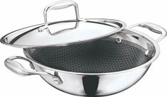 two stainless steel pans with lids and handles on each side, one has a strainer in the middle