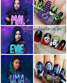 four different nail designs with the names of each character