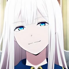 an anime character with long white hair and blue eyes looks at the camera while standing in front of a window