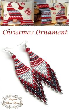 christmas ornament beaded earrings with red, white and blue beads on them