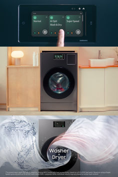 an advertisement for washer dryer in front of a washing machine with the words washer dryer on it