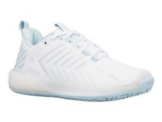 the women's tennis shoe is white and has blue accents on the upper part