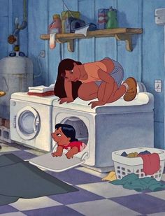 an animated image of a woman laying on top of a washing machine in a bathroom