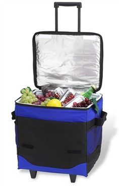 a blue and black cooler bag filled with fruit