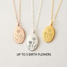 "Made as a family gift, the birth flowers on the oval pendant represent those you love. This necklace can be customized up to 5 birth flowers, make it a perfect gift for your mom/grandma on Christmas, mother's day or any special occasion. ► PRODUCT INFORMATION * Material: High Quality Solid 925 Sterling Silver * Finishing: Silver, Gold or Rose Gold. * Dimensions: 15/32\"x3/4\" (13x19mm) * Up to 5 birth flowers * All of our jewelry are handmade from scratch and packaged with care in our workshop. Flower Shaped Birth Flower Charm Necklaces For Birthdays, Botanical Birth Flower Necklaces For Mother's Day, Mother's Day Wedding Flower Necklace With Birth Flower, Nature-inspired Birth Flower Necklace For Anniversary, Birth Flower Charm Necklace For Mom, Birth Flower Charm Necklace With Flower Pendant For Birthday, Dainty Birth Flower Necklace For Personalized Gift, Charm Necklaces With Birth Flower For Mom, Dainty Birth Flower Necklaces For Personalized Gifts