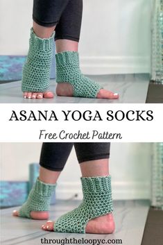 the legs and ankles of a woman wearing yoga socks with crochet patterns on them