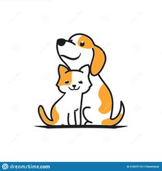 an orange and white dog sitting next to a cat on top of it's back