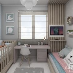 a baby's room with a crib, desk and bed in the corner