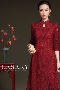 Lasaky - Exquisite Cheongsam Bridal Gown Cheongsam Wedding Dress, Red Cheongsam, Cheongsam Wedding, Chinese Style Dress, Dress Collar, Indian Wedding Outfits, Collar Pattern, Red Outfit, Cheongsam