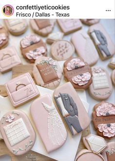 some cookies that are sitting on top of a table with the words confective cookies frisco / dallas - texas