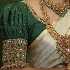 Half Saree Aari Work Design, Gold Blouse Designs Indian Bridal, Wedding Blouse Hand Designs, Green Blouse Magam Designs, Aari Work Saree Design, Half Saree Blouse Hand Designs, Puff Sleeve Maggam Work, Half Saree Blouse Work Designs, Green Bridal Blouse Aari Work