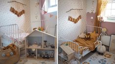 two pictures of a child's room with toys and decorations on the walls, including a doll house bed