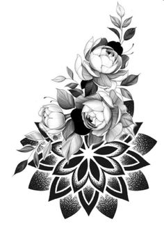 a black and white drawing of flowers with leaves on the bottom half of their petals