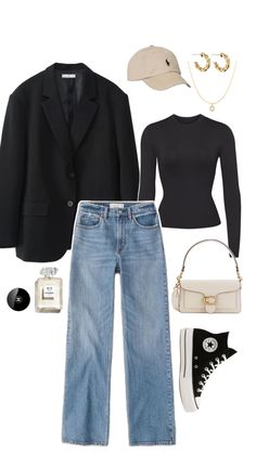 Spring outfit idea, fashion inspiration, fit inspo, straight leg jeans, converse, skims dupe, black blazer, coach bag, ralph lauren cap Black Jeans Outfit Spring, Long Blazer Outfit, Black Jacket Outfit, Straight Jeans Outfit, Office Jacket, Ralph Lauren Cap, Black Blazer Outfit, Spring Outfit Idea, Straight Leg Jeans Outfits