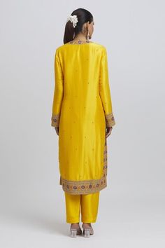 Yellow straight silk kurta with floral embroidery. Comes with pant and color block embroidered dupatta. - Aza Fashions Yellow Chanderi Palazzo Set With Embroidered Border, Yellow Anarkali Palazzo Set With Embroidered Border, Traditional Drape Art Silk Palazzo Set With Embroidered Border, Traditional Embroidered Art Silk Palazzo Set, Diwali Embroidered Raw Silk Palazzo Set, Eid Slub Silk Sets With Embroidered Border, Yellow Embroidered Palazzo Set For Festivals, Yellow Palazzo Set With Embroidered Border For Diwali, Diwali Yellow Palazzo Set With Embroidered Border