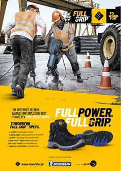 two men in safety gear are working on a construction site with the words full power full strip