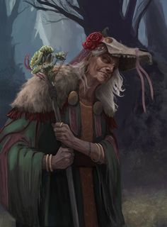 an old man wearing a hat with flowers on it's head and holding a stick