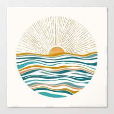 the sun is setting over the ocean waves in this art print by artist lauren lee