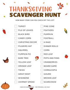 a thanksgiving scavenger hunt with pumpkins, leaves and other things on it