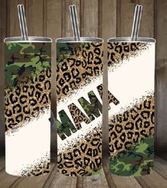 two personalized tumbles with the word mama on them and camouflage camo print