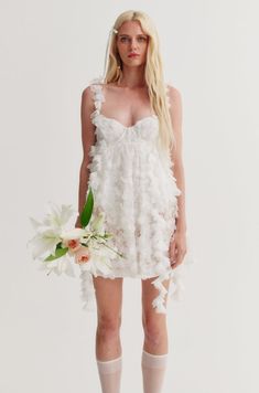 Bellatrix Babydoll Mini Dress — White | For Love & Lemons Whimsical Wedding Dress Short, Dress Rehersal Outfits, Mini Engagement Dress, Unique Wedding Reception Dress, Bridal Reception Dress Short, Wedding Reception Dress For Bride Short, Bachelorette Bride Outfit, White Mini Party Dress, Short Reception Dress