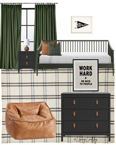 a bedroom with green curtains and plaid wallpaper on the walls, a brown leather chair next to a black dresser