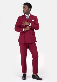 The Rockafeller Claret Red Stretch Suit is the perfect combination of sophistication and comfort. Crafted from premium stretch cotton fabric, this bold custom made suit exudes a modern look that will have you feeling as good as you look. Tailored Red Double Breasted Suit For Work, Red Tailored Double Breasted Suit, Fitted Cotton Suit With Notch Lapel, Fitted Cotton Suits With Notch Lapel, Red Fitted Three-piece Suit For Business, Fitted Red Three-piece Business Suit, Red Slim Fit Suits For Semi-formal Occasions, Red Slim Fit Suits With Notch Lapel, Red Fitted Double Breasted Suit With Notch Lapel