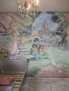 a child's bedroom decorated in disney princess wallpapers and fairy tale murals