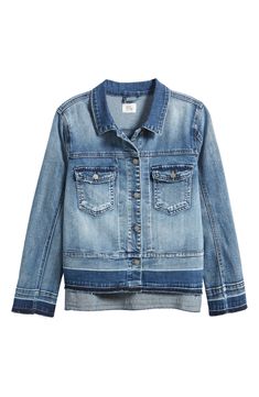 Designed in a cool faded wash, this jean jacket features classic chest pockets and a modern raw hem. 24" length Spread collar Lined 95% cotton, 4% polyester, 1% spandex Machine wash, tumble dry Imported Medium Wash Button-up Denim Jacket With Frayed Hem, Medium Wash Washed Denim Top, Medium Wash Denim Jacket With Frayed Hem, Relaxed Fit Medium Wash Recycled Denim Jacket, Light Wash Relaxed Fit Recycled Denim Jacket, Light Wash Relaxed Fit Denim Jacket In Recycled Denim, Relaxed Fit Light Wash Recycled Denim Jacket, Fall Medium Wash Recycled Denim Jacket, Relaxed Fit Light Wash Denim Jacket With Frayed Hem