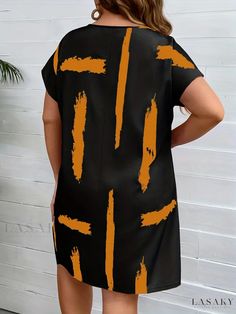 Lasaky - Stylish Plus Size Womens Casual Dress: Brush Print Cut Out Bat Sleeve Round Neck Tee Dress Casual Black Shift Mini Dress, Black Shift Mini Dress Casual, Casual Black Printed Mini Dress, Casual Orange Mini Dress, Bat Sleeve, Round Neck Tees, Stylish Plus, Womens Casual, Tee Dress