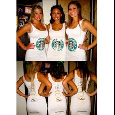 three pictures of the same woman in white dresses with starbucks cups on their chests