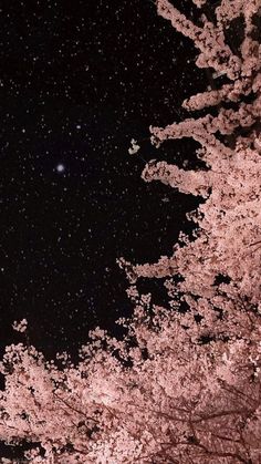 the night sky is full of stars and pink trees are blooming in the foreground