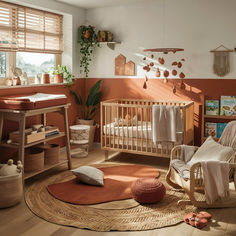 a baby's room with an orange wall and wooden furniture, including a crib