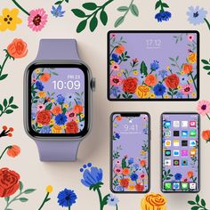 an apple watch and two iphones with flowers on the wall next to each other