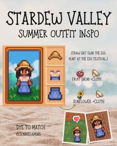 an advertisement for the stardew valley summer outfit inspo game, with pictures and text