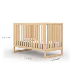 the side view of a small wooden crib with measurements for each end and sides