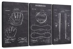 three black and white drawings of baseball gloves, mitts and bats on a chalkboard background