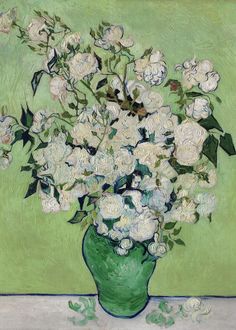 a painting of white flowers in a green vase