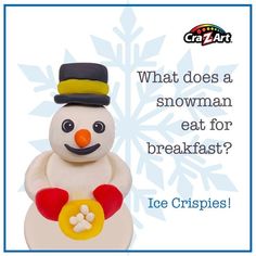 a snowman that is sitting on top of a table with the caption what does a snowman eat for breakfast? ice crispies