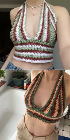 a woman wearing a crocheted halter top in two different colors and sizes