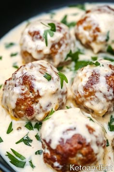 meatballs covered in sauce and garnished with parsley