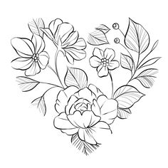 a black and white drawing of flowers in the shape of a heart