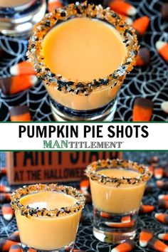 pumpkin pie shots in glasses with candy on the rim