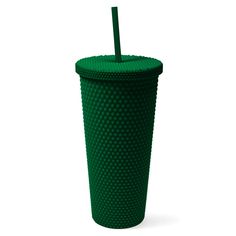 a green plastic cup with a straw sticking out of it's side, on a white background