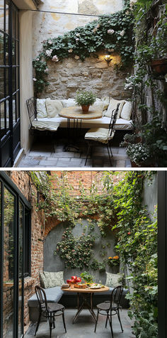 Romantic garden nook with drapes and flowers, and rustic ivy-draped stone-wall retreat. Home Together, Building A Home, Rooftop Garden