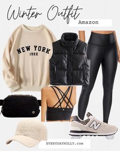 Fall Outfit Vest Women, Cropped Vest Outfit Winter, New York Sweatshirt Outfit, Cropped Leather Puffer Vest Outfit, Cropped Puffer Vest Outfit Leggings, Sporting Event Outfit Winter, Sweatshirt And Vest Outfit, Amazon Athleisure Outfits, Outfits For New York Winter