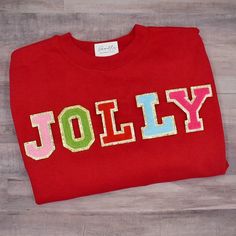 Jolly Chenille Letter Christmas Sweatshirt Christmas Varsity - Etsy Varsity Letter Sweatshirt Ideas, Varsity Patch Sweatshirt, Preppy Christmas Sweatshirt, Chenille Letter Sweatshirt Ideas, Chenille Shirt Ideas, Diy Varsity Letter Sweatshirt, Chenille Letter Ideas